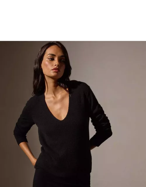 Soft Featherweight Cashmere Deep V Sweater - Black