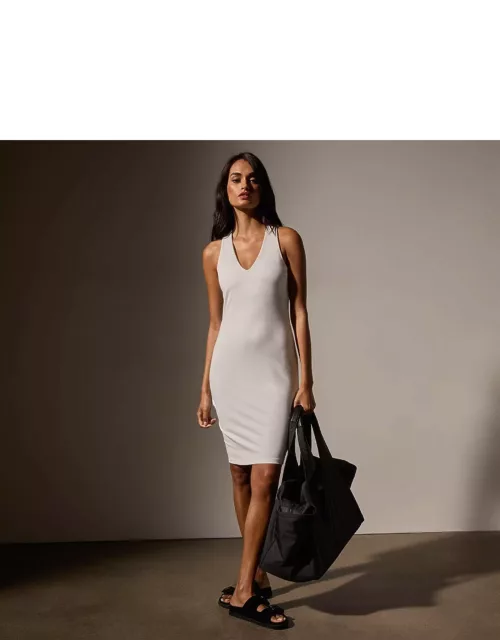 Stretch Lotus Rib Deep V Tank Dress - White