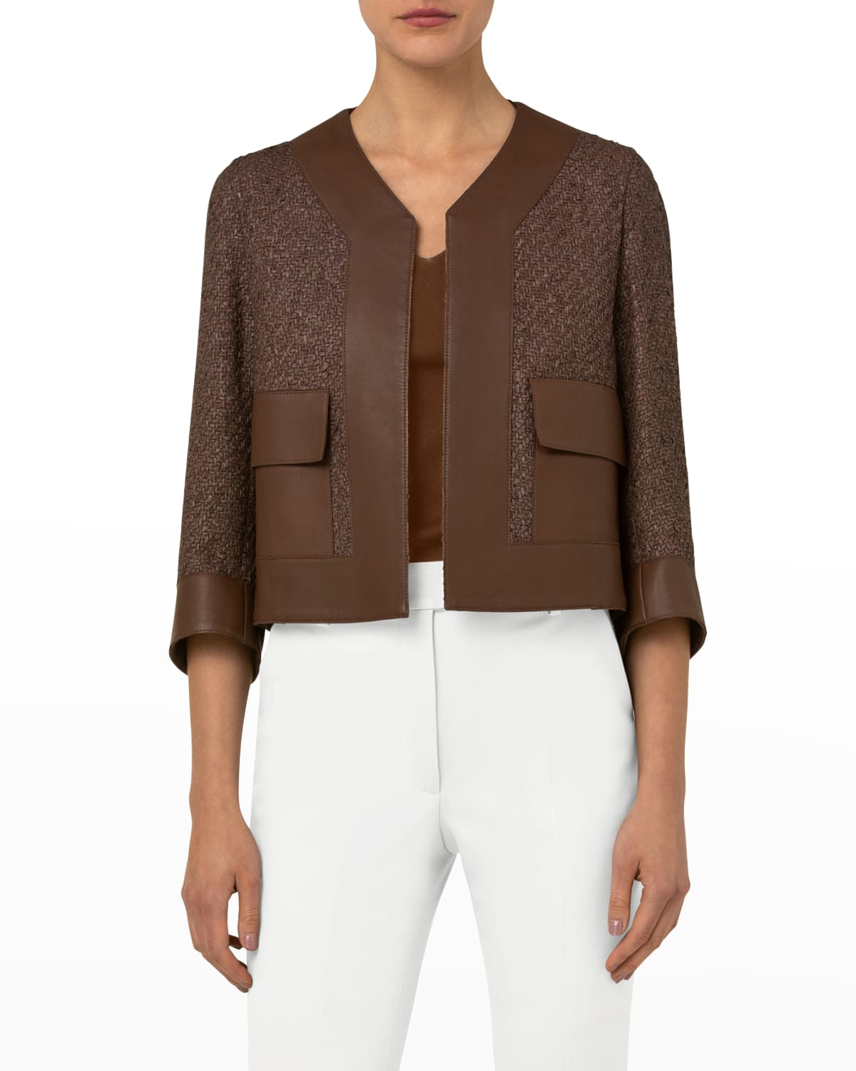 Tweed Cropped Jacket w/ Faux Leather-Trim