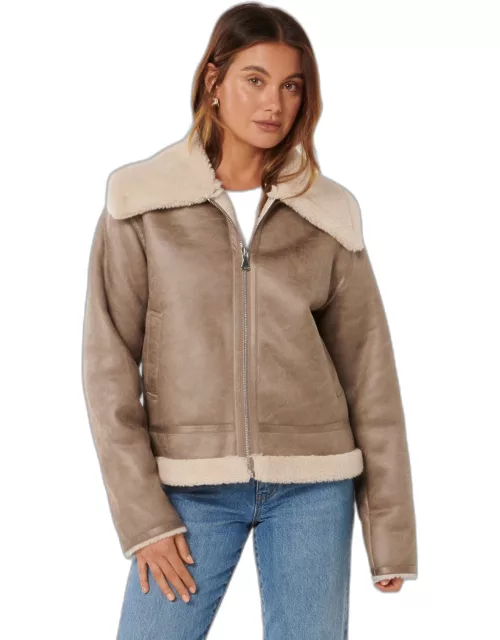 Forever New Women's Jamie Shearling Aviator Jacket in Brown/Crea