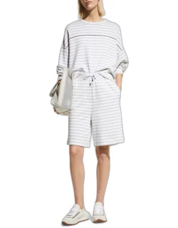 Striped Cotton-Linen Drawstring Shorts w/ Monili Pocket