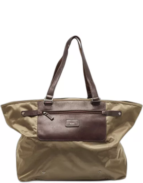 Tumi Khaki Green/Brown Leather and Nylon Packaway Shopper Tote