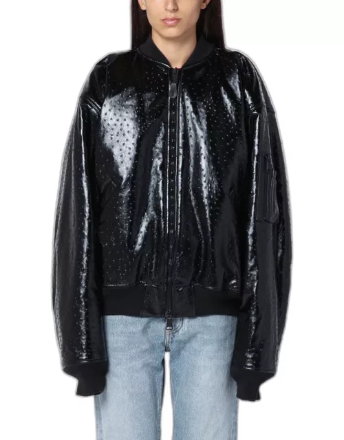 Black leather ostrich-effect bomber jacket