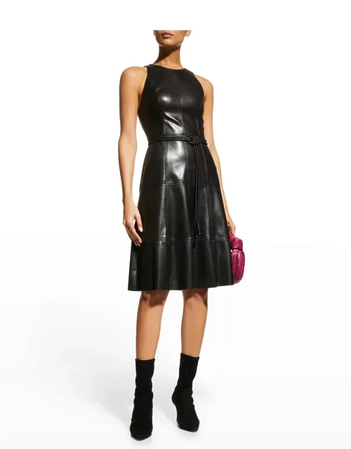 Leandra Vegan Leather Midi Dress with Belt