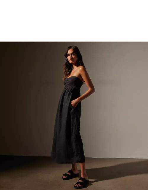 Linen Gathered Tube Dress - Black