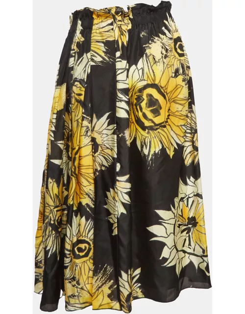 Nº21 Black Floral Print Silk Gathered Midi Skirt