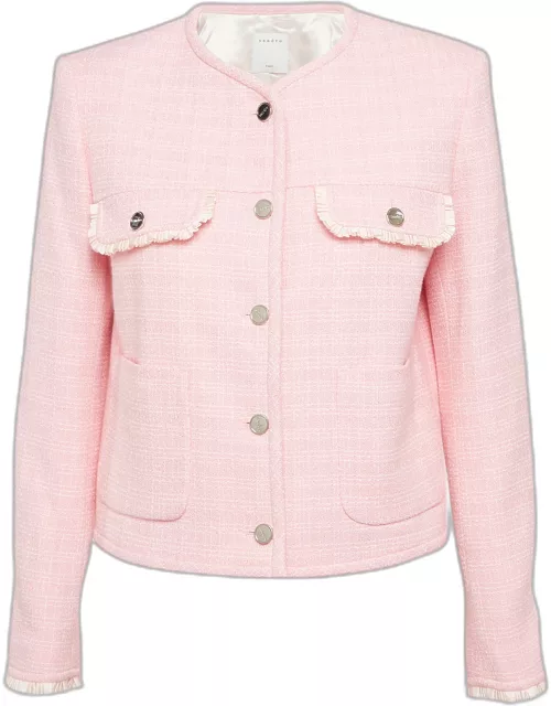 Sandro Pink Tweed Button Front Ruffled Jacket