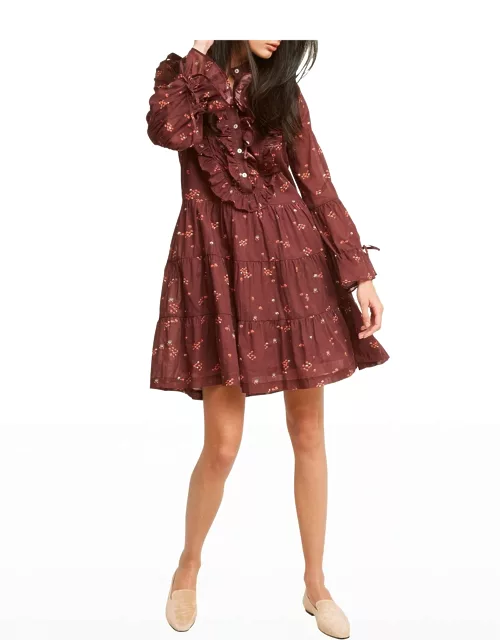 Tiered Ruffle-Placket Floral Dres