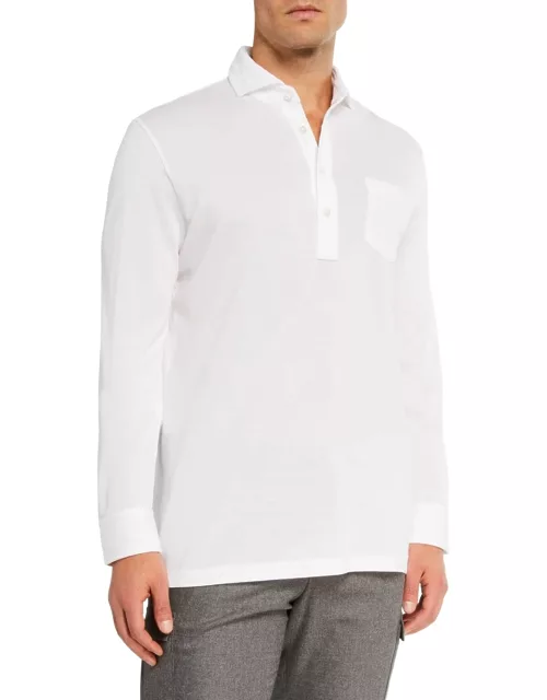 Men's Washed Long-Sleeve Pocket Polo Shirt, White