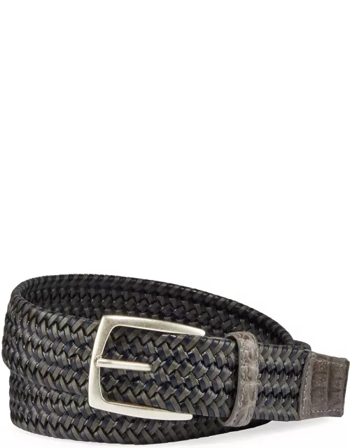 Men's Woven Leather Stretch Belt with Crocodile Tri