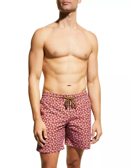 Men's Square-Print Swim Shorts, Red