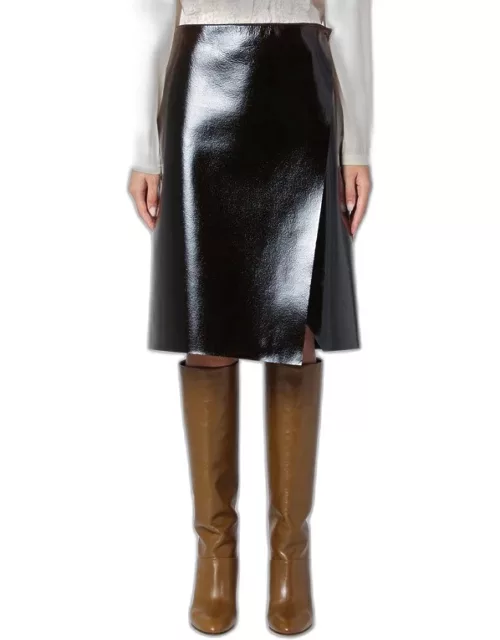 Brown shiny faux leather pencil skirt