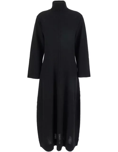 Antonelli diomede Long Black Dress With High Neck In Wool Blend Woman