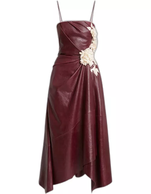 Leather Asymmetric Draped Floral Applique Dres