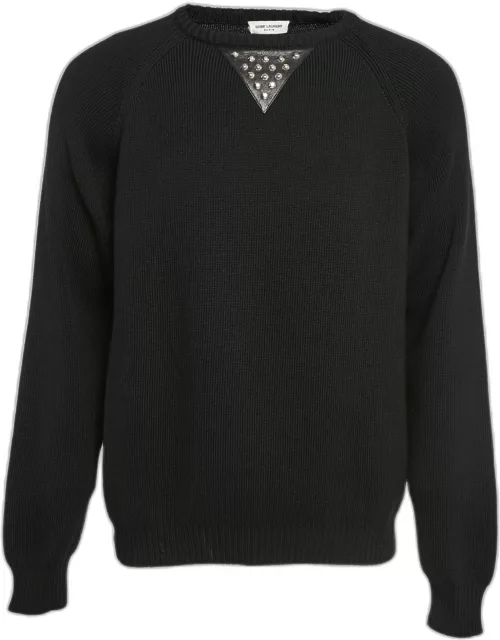 Saint Laurent Paris Black Studded Leather Trim Rib Knit Sweater