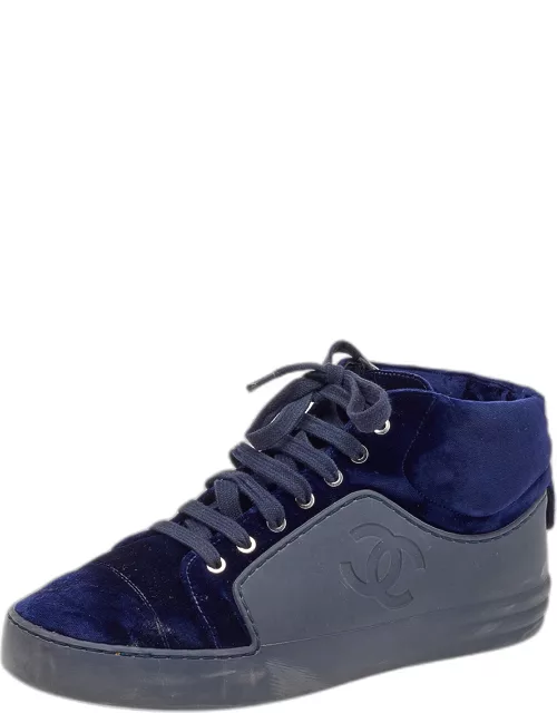 Chanel Navy Blue Velvet And Rubber CC High Top Sneaker