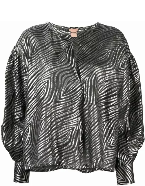 Black and silver zebra-print balloon-sleeves shirt