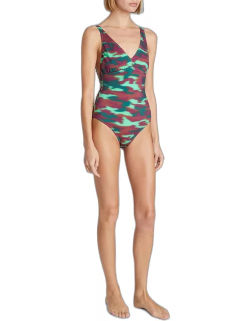 Blurred Camo V-Neck One-Piece Swimsuit