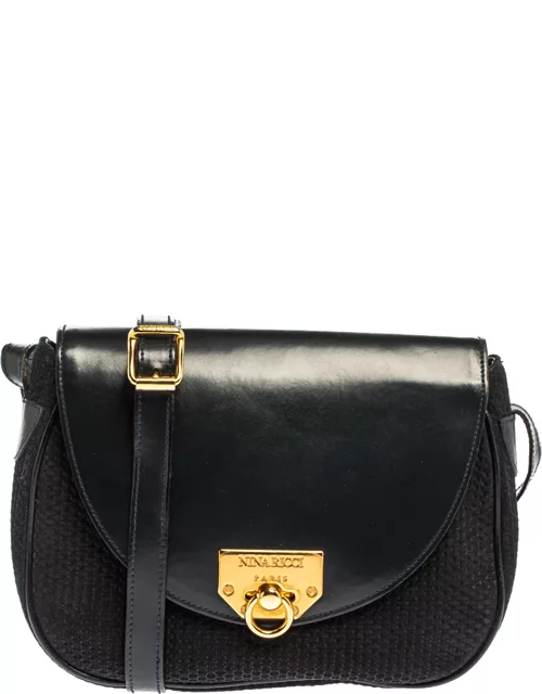 Nina Ricci Dark Blue Woven Suede and Leather Flap Shoulder Bag