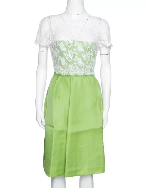 Valentino Lime Green Silk Contrast Lace Detail Sheath Dress