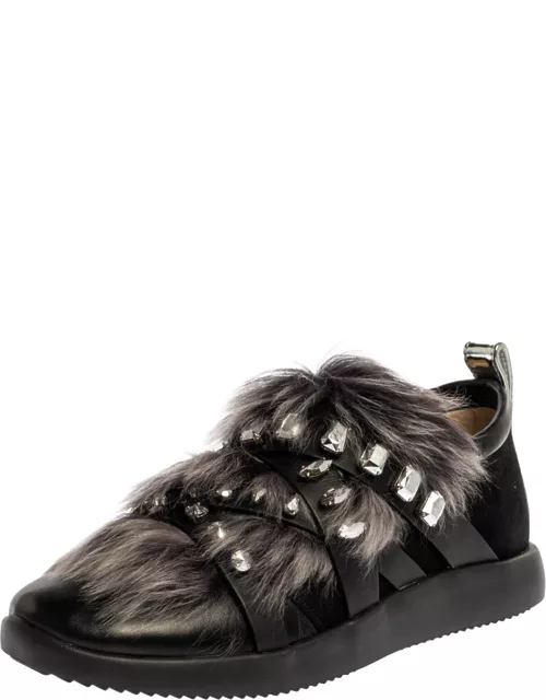 Giuseppe Zanotti Black Suede and Fur Christie Crystal Embellished Slip On Sneaker