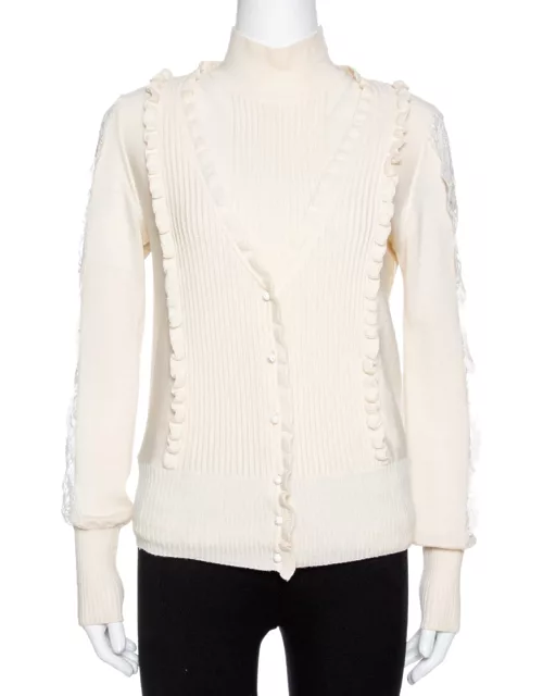 Valentino Cream Wool Knit Lace Trim Sweater & Cardigan Set