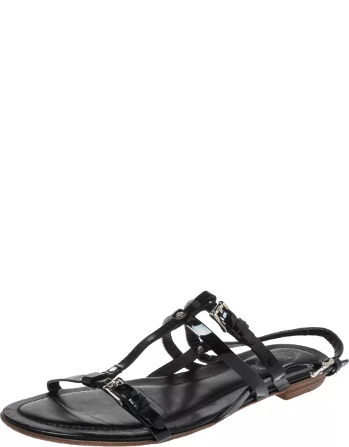Tod's Black Patent Leather Strappy Buckle Detail Flat Sandal