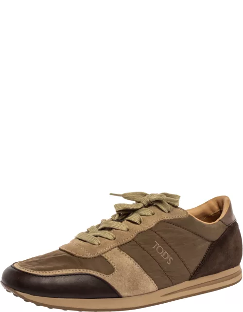 Tod's Brown/Green Nylon Leather and Suede Low Top Sneaker