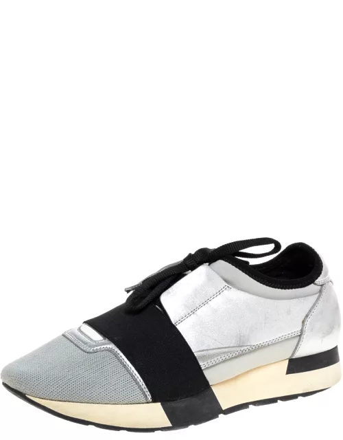 Balenciaga Grey/Silver Leather And Fabric Race Runner Low Top Sneaker