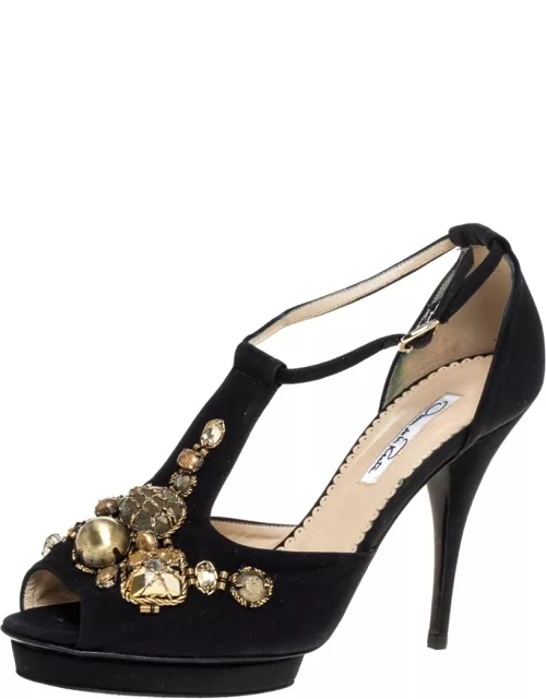 Oscar de la Renta Black Fabric Embellished Platform Ankle Strap Sandals 39