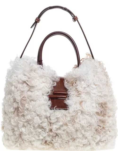 Tod's White Fur and Leather Double T Flap Tote