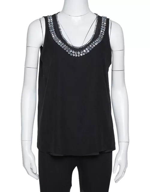 Diane Von Furstenberg Black Crystal Embellished Silk Ade Top