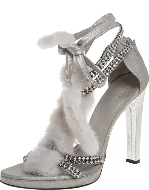 Tom Ford For Gucci Silver Leather And Mink Fur Strappy Ankle Wrap Sandal