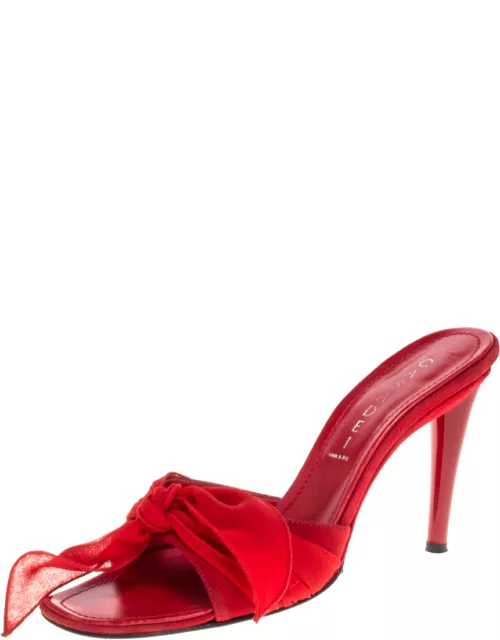 Casadei Red Suede And Chiffon Fabric Knot Detail Slide Sandal