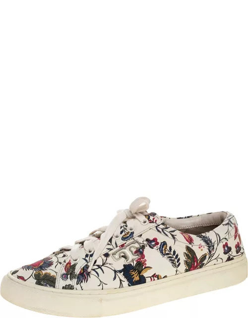 Tory Burch White Floral Print Leather Amalia Low Top Sneaker
