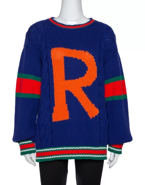 Gucci Blue Wool Cable Knit Letter 'R' DIY Unisex Sweater