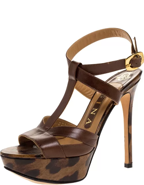 Gina Brown Leather And Leopard Print Patent Platform Ankle Strap Sandal