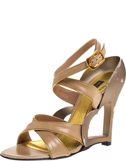 Marc Jacobs Beige Leather And Gold Piping Heart Wedge Ankle Strap Sandal