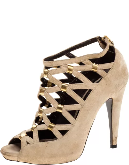 Roberto Cavalli Beige Suede Cage Ankle Boot
