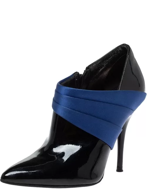 Casadei Black/Blue Pleated Satin and Patent Leather Ankle Bootie