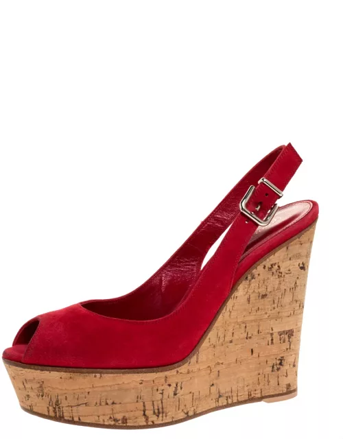 Gianvito Rossi Red Suede Leather Cork Wedge Peep Toe Platform Slingback Sandal