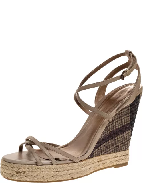 Burberry Pale Green Strappy Leather Woven Wedge Espadrille Sandal