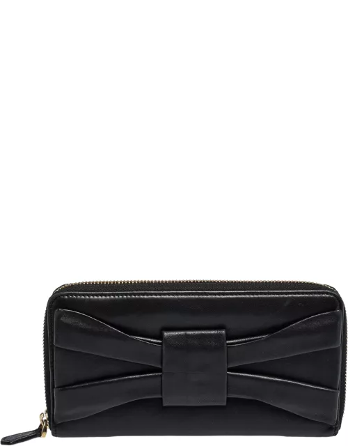 Valentino Black Leather Pleated Bow Continental Wallet
