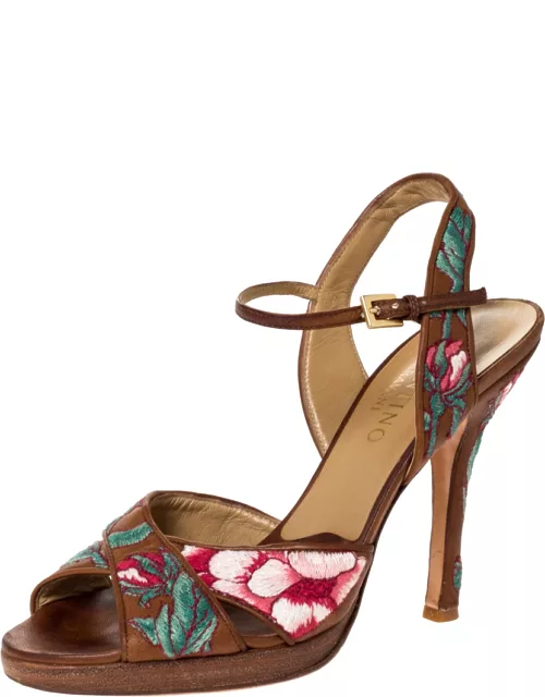 Valentino Brown Leather Embroidered Ankle Strap Sandal