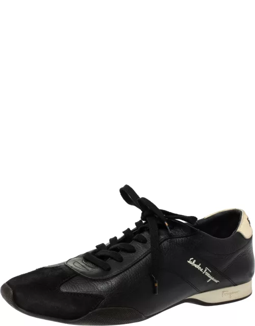 Salvatore Ferragamo Black Leather And Suede Low Top Sneaker