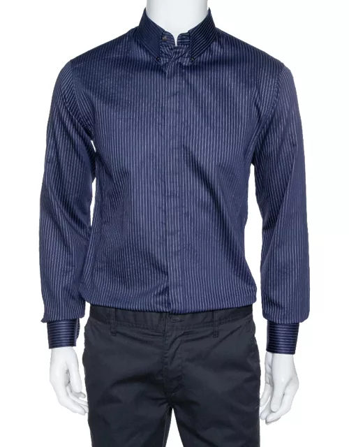 Giorgio Armani Navy Blue Pinstriped Cotton Long Sleeve Shirt