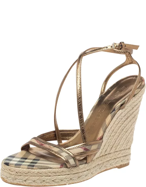 Burberry Gold/Beige House Check PVC and Patent Leather Criss Cross Espadrille Sandal