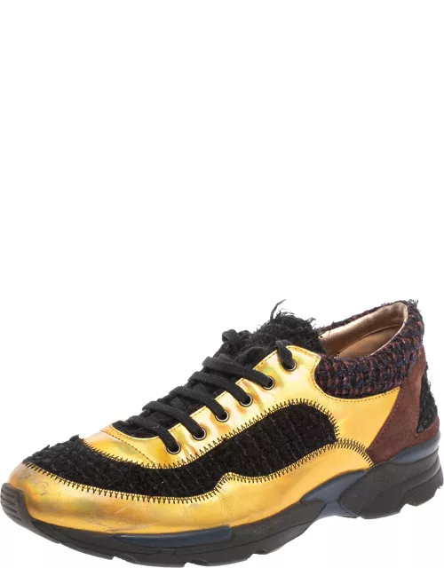 Chanel Multicolor Tweed Suede and Metallic Leather Lace Up Sneaker