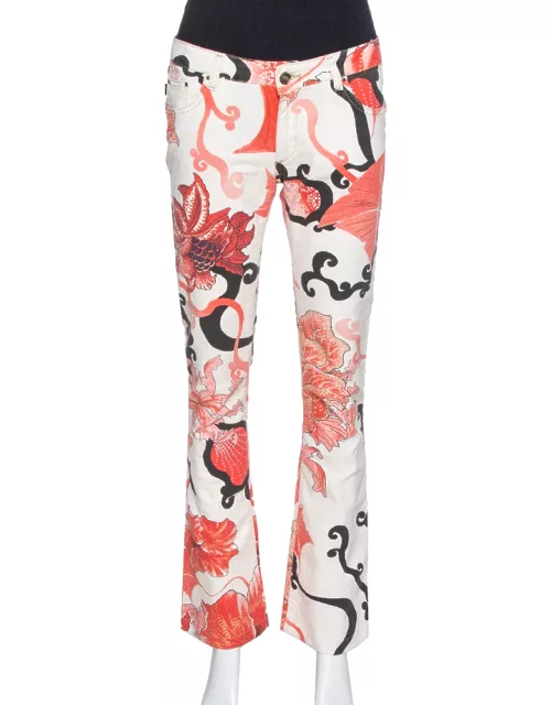 Just Cavalli Red Floral Print Cotton Flared Jeans