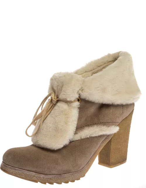Prada Sports Beige Suede And Fur Shearling Trimmed Ankle Boot